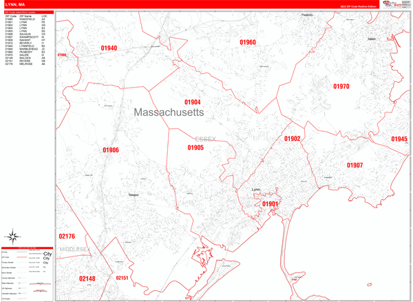 lynn ma zip code map Lynn Massachusetts Zip Code Wall Map Red Line Style By Marketmaps lynn ma zip code map
