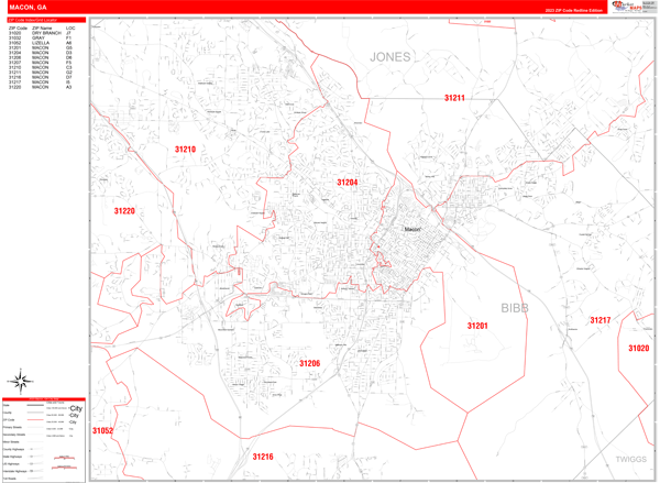 Macon Georgia Zip Code Wall Map (Red Line Style) by MarketMAPS - MapSales