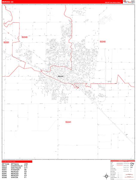 Merced Zip Code Wall Map