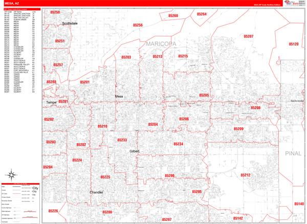 Mesa Arizona Zip Code Wall Map (Red Line Style) by MarketMAPS - MapSales