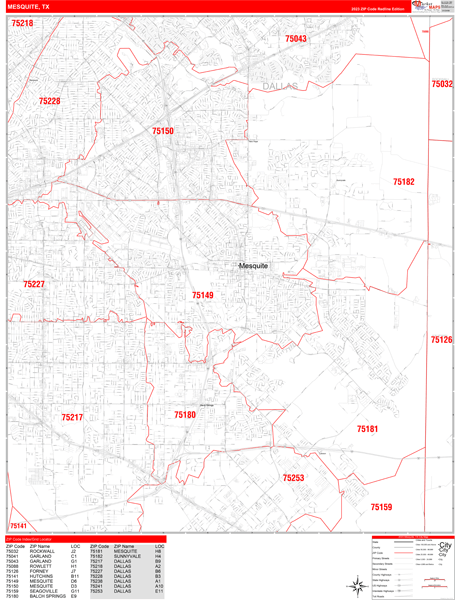 Mesquite Texas Zip Code Wall Map Red Line Style By Marketmaps