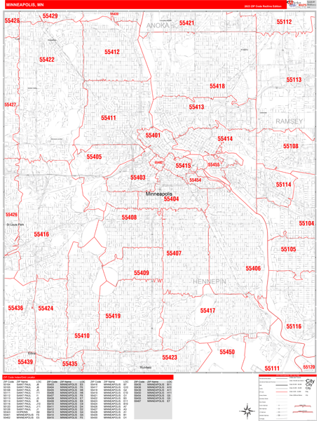 Minneapolis Minnesota Zip Code Wall Map (Red Line Style) by MarketMAPS
