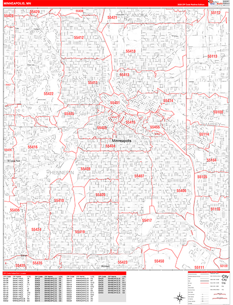 Minneapolis Zip Code Wall Map