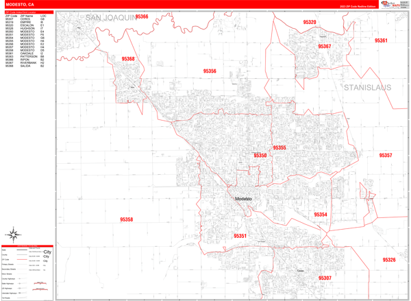 Modesto California Zip Code Wall Map Red Line Style By Marketmaps