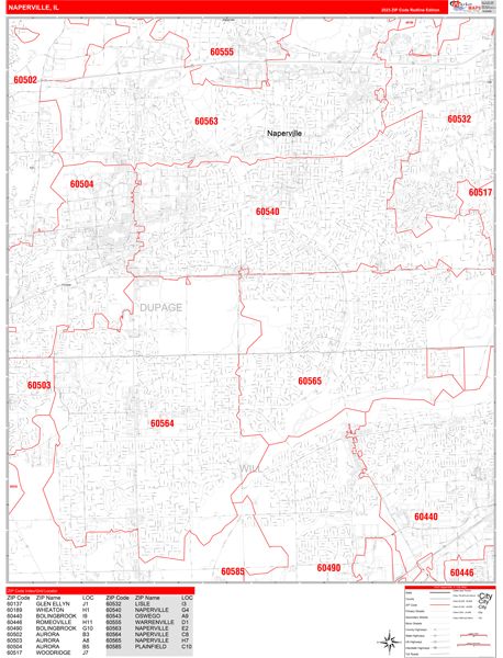 Naperville Illinois Zip Code Wall Map (Red Line Style) by MarketMAPS