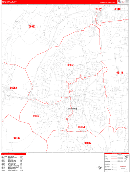 New Britain Connecticut Zip Code Wall Map (Red Line Style) by ...