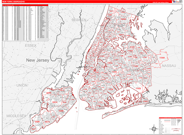 New York 5 Boroughs New York Zip Code Wall Map (Red Line Style) by ...