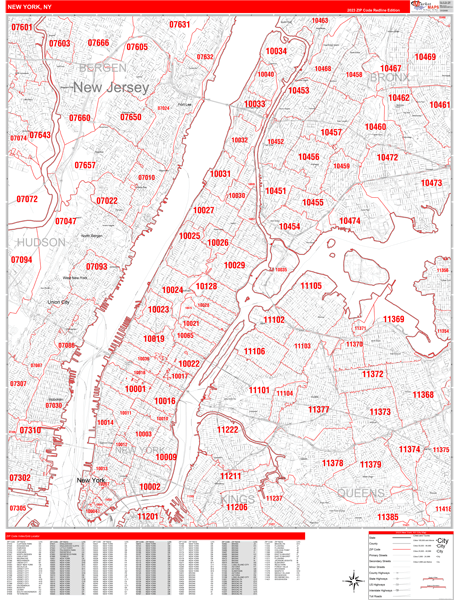 New York New York Zip Code Wall Map (Red Line Style) by MarketMAPS