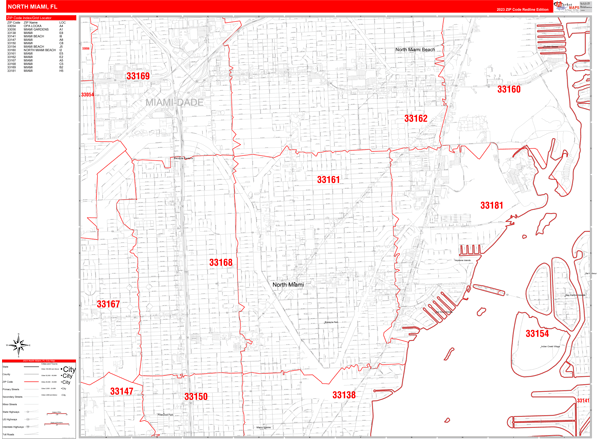 north miami florida zip code wall map (red line style)