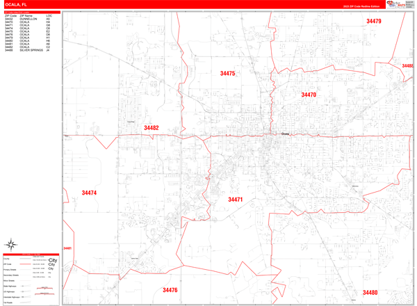 Ocala Florida Zip Code Wall Map (Red Line Style) by MarketMAPS