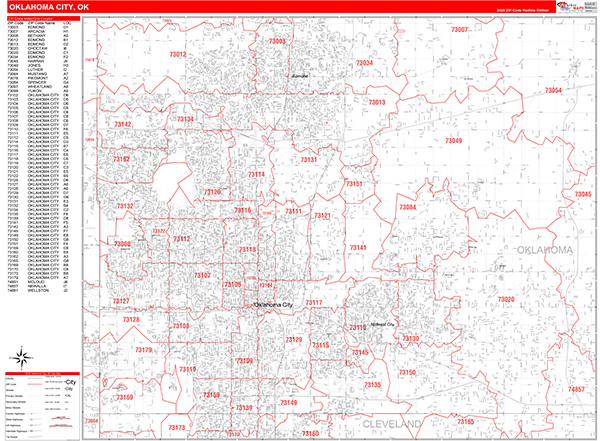 Oklahoma City Oklahoma Zip Code Wall Map (Red Line Style) by MarketMAPS ...