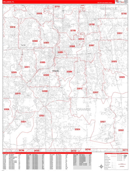 Orlando Florida Zip Code Wall Map (Red Line Style) by MarketMAPS