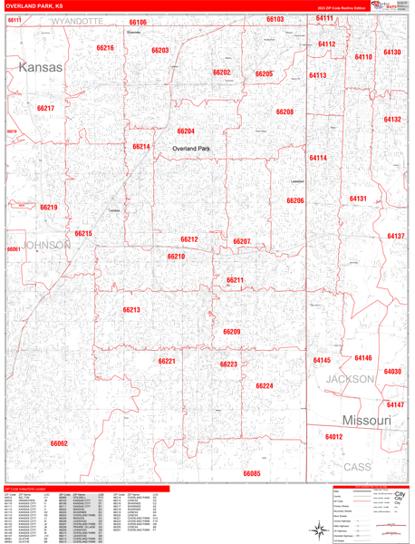 Overland Park Kansas Zip Code Wall Map Red Line Style By Marketmaps