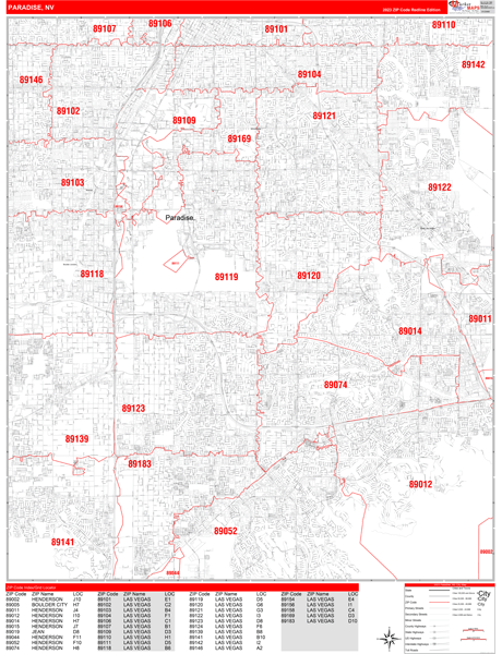 Paradise Nevada Zip Code Wall Map Red Line Style By Marketmaps Mapsales 9061