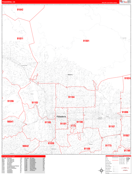 pasadena ca zip code map Pasadena California Zip Code Wall Map Red Line Style By Marketmaps pasadena ca zip code map