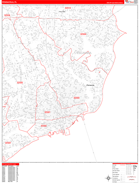 Pensacola Zip Code Wall Map