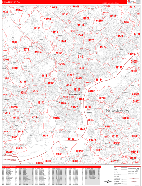 Philadelphia Pennsylvania Zip Code Wall Map (Red Line Style) by MarketMAPS