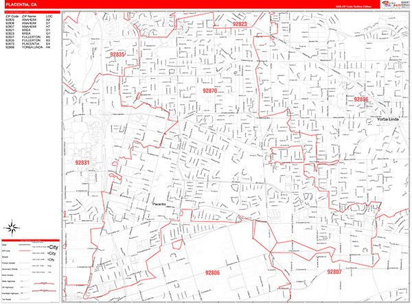 Placentia Zip Code Wall Map