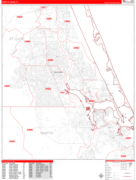 Port St. Lucie Florida Zip Code Wall Map (Red Line Style) by MarketMAPS ...