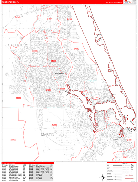 Port St. Lucie Florida Zip Code Wall Map (Red Line Style) by MarketMAPS ...