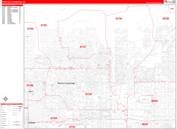 Rancho Cucamonga California Zip Code Wall Map Red Line Style By