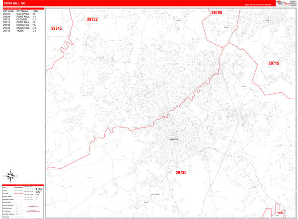 Rock Hill South Carolina Zip Code Wall Map (Red Line Style) by ...