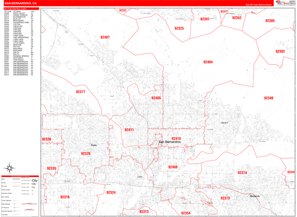 San Bernardino California Zip Code Wall Map (Red Line Style) by MarketMAPS