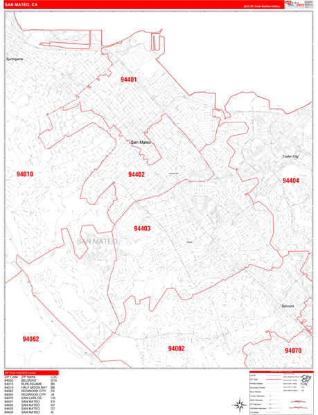 San Mateo California Zip Code Wall Map (Red Line Style) by MarketMAPS 