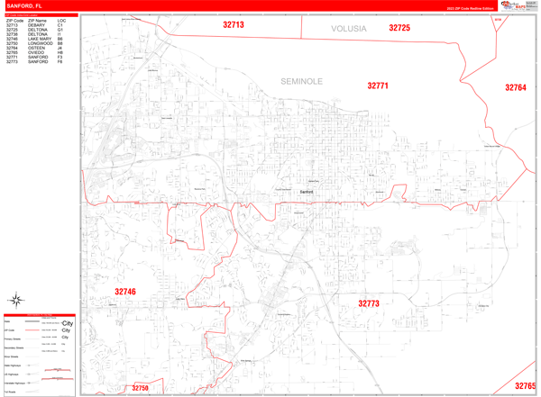  Sanford  Florida  Zip  Code  Wall Map  Red Line Style by 