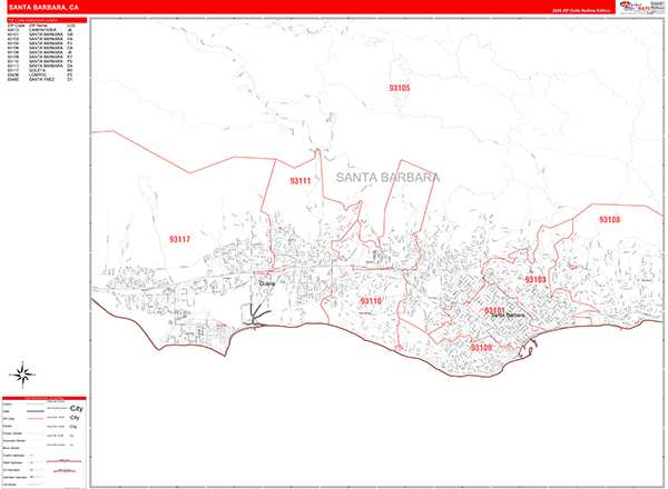 Santa Barbara California Zip Code Wall Map (Red Line Style) by ...