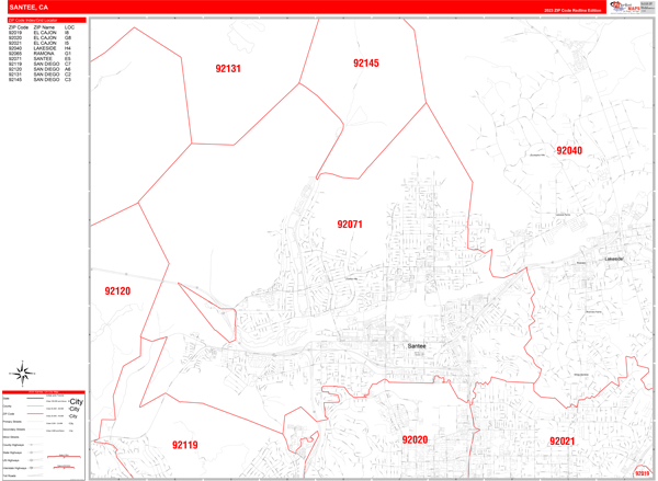 Santee California Zip Code Wall Map (Red Line Style) by MarketMAPS