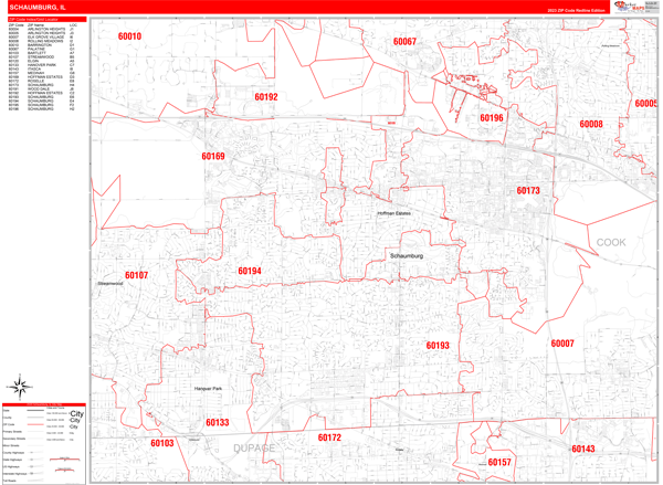 Schaumburg Illinois Zip Code Wall Map Red Line Style By Marketmaps
