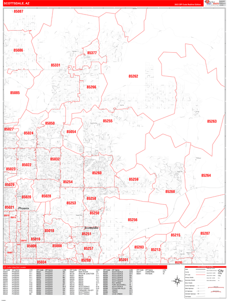 Scottsdale Arizona Zip Code Wall Map (Red Line Style) by MarketMAPS