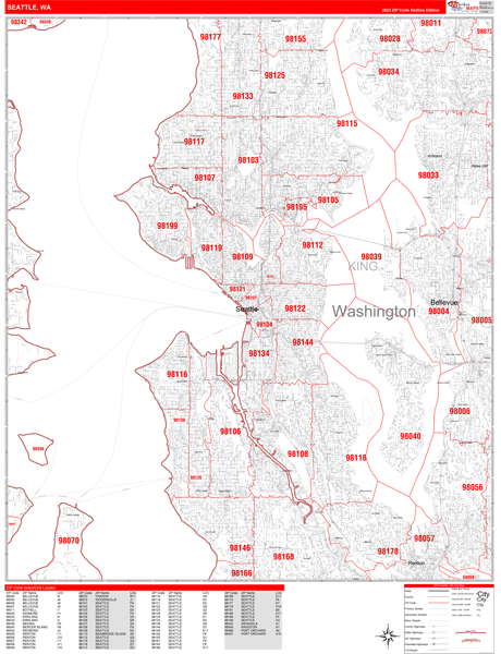 Seattle Washington Zip Code Wall Map (Red Line Style) by MarketMAPS
