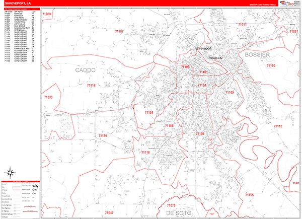 Shreveport Zip Code Wall Map