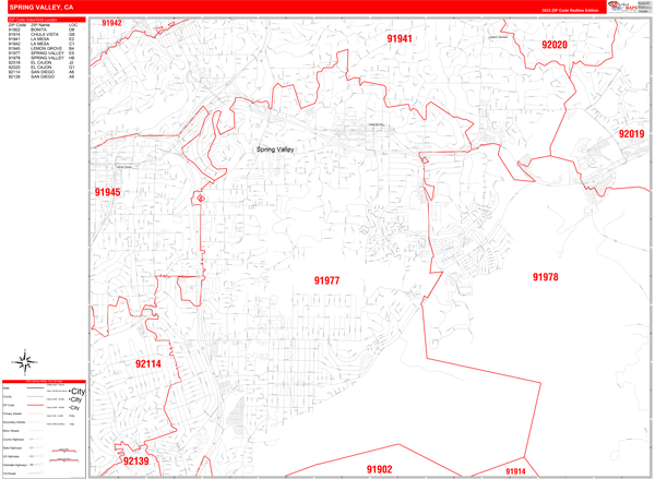 Spring Valley California Wall Map (Red Line Style) by MarketMAPS - MapSales