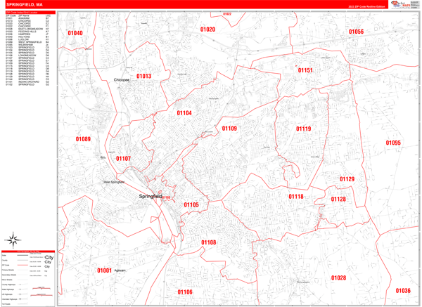 Springfield Ma Zip Code Map Springfield Massachusetts Zip Code Wall Map (Red Line Style) by 