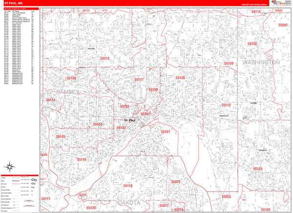 St. Paul Minnesota Zip Code Wall Map (Red Line Style) by MarketMAPS ...