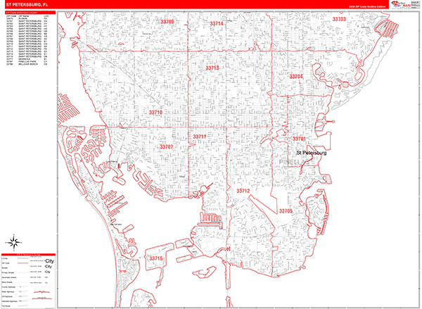 St. Petersburg Florida Zip Code Wall Map (Red Line Style) by MarketMAPS ...
