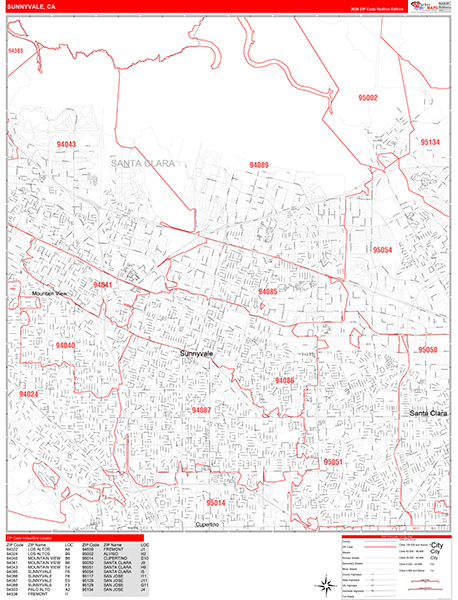 Sunnyvale Zip Code Wall Map