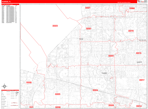 Sunrise Florida Zip Code Wall Map (Red Line Style) by MarketMAPS - MapSales