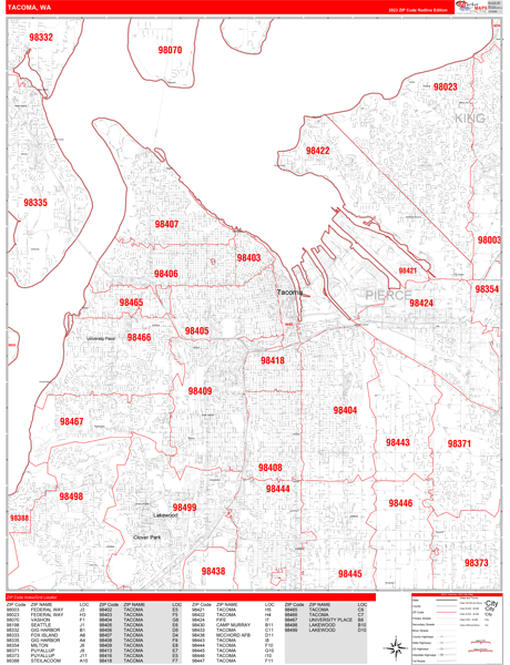 Tacoma Washington Zip Code Wall Map (Red Line Style) by MarketMAPS