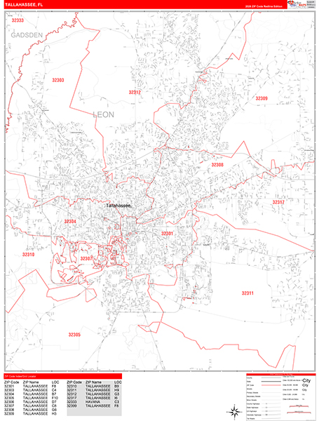 Tallahassee Zip Code Wall Map