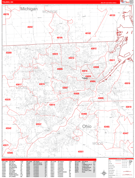 toledo zip code map Toledo Ohio Zip Code Wall Map Red Line Style By Marketmaps