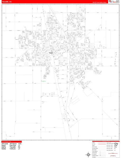 Tulare Zip Code Wall Map