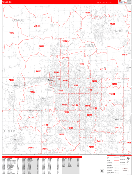 Tulsa Oklahoma Zip Code Wall Map (Red Line Style) by MarketMAPS - MapSales