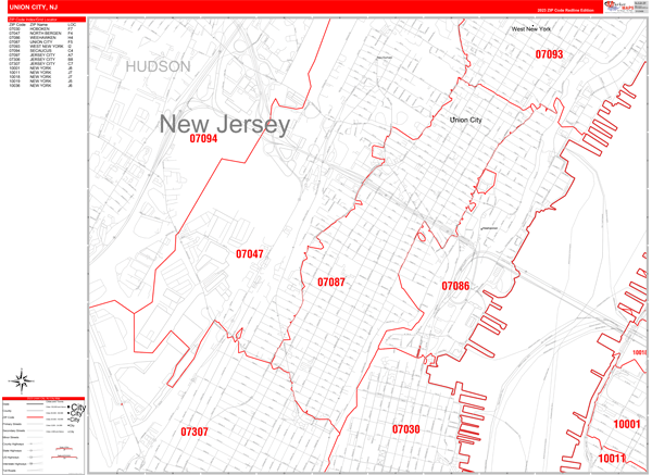 Union City New Jersey Zip Code Wall Map (Red Line Style) by MarketMAPS