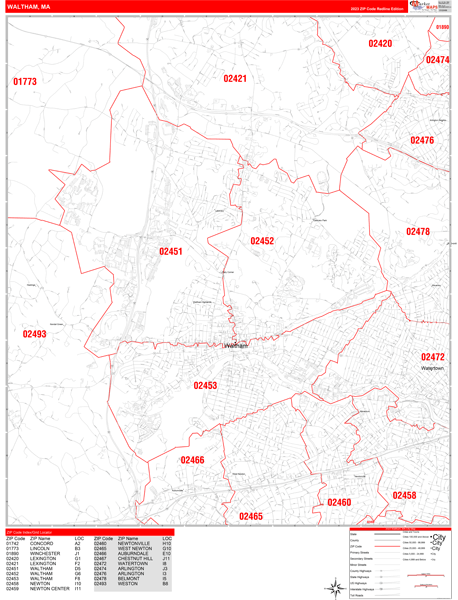 Waltham Massachusetts Zip Code Wall Map (Red Line Style) by MarketMAPS