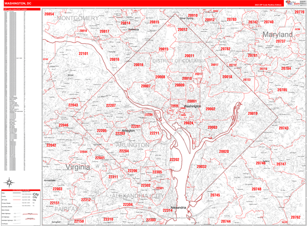 Washington District Of Columbia Zip Code Wall Map Red Line Style