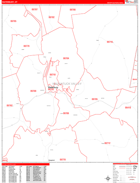 Waterbury Zip Code Wall Map